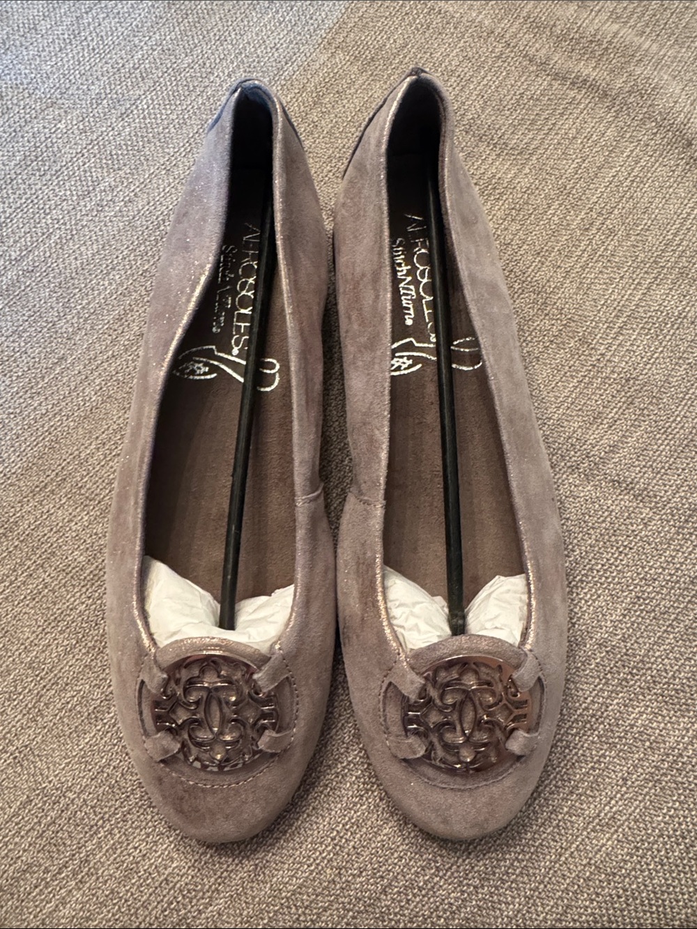 AEROSOLES Silver/Taupe Suede Flats with Decorative Medallion